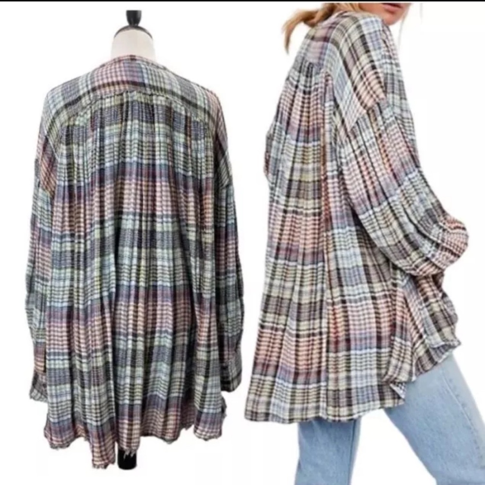 FREE PEOPLE❤️Come On Over, plaid oversized tunic, button down,raw hem,SZ XS,NWOT - Picture 6 of 10